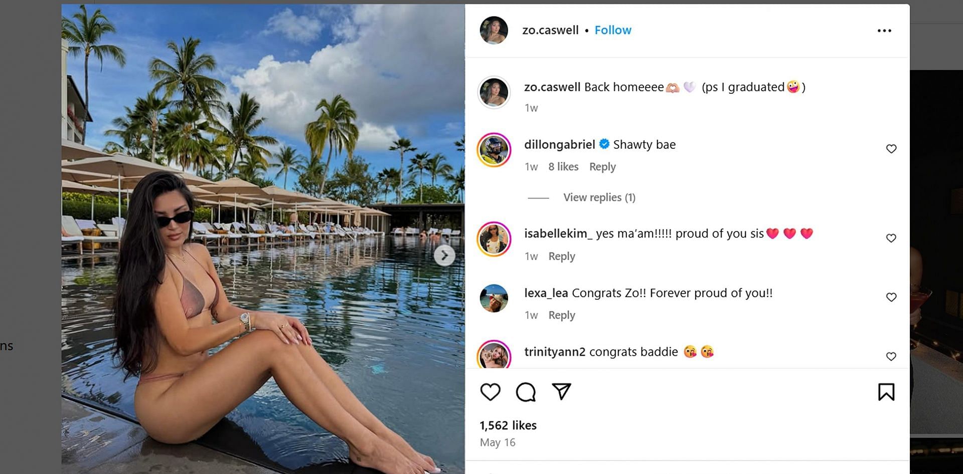 Dillon Gabriel reacts with a two-word reply as his fiancée shares poolside pictures/@zo.caswell